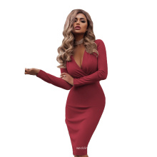 2020 New Amazon  Explosions Deep V-Neck Sexy Pack Hip Bottom Skirt Long Sleeve European and American Dress